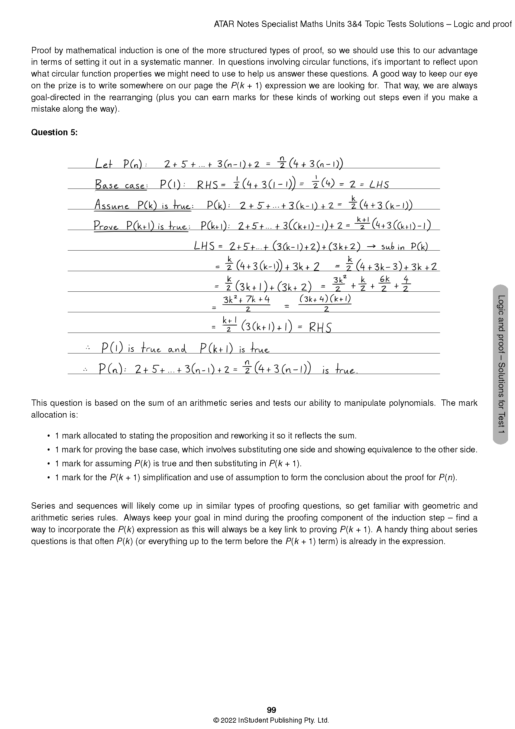 Specialist Maths Topic Test book by ATAR Notes, displaying a solution page for a mathematical induction problem.