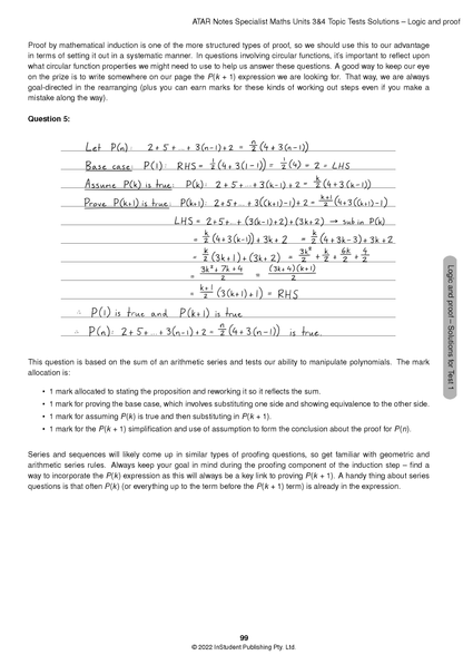 Specialist Maths Topic Test book by ATAR Notes, displaying a solution page for a mathematical induction problem.