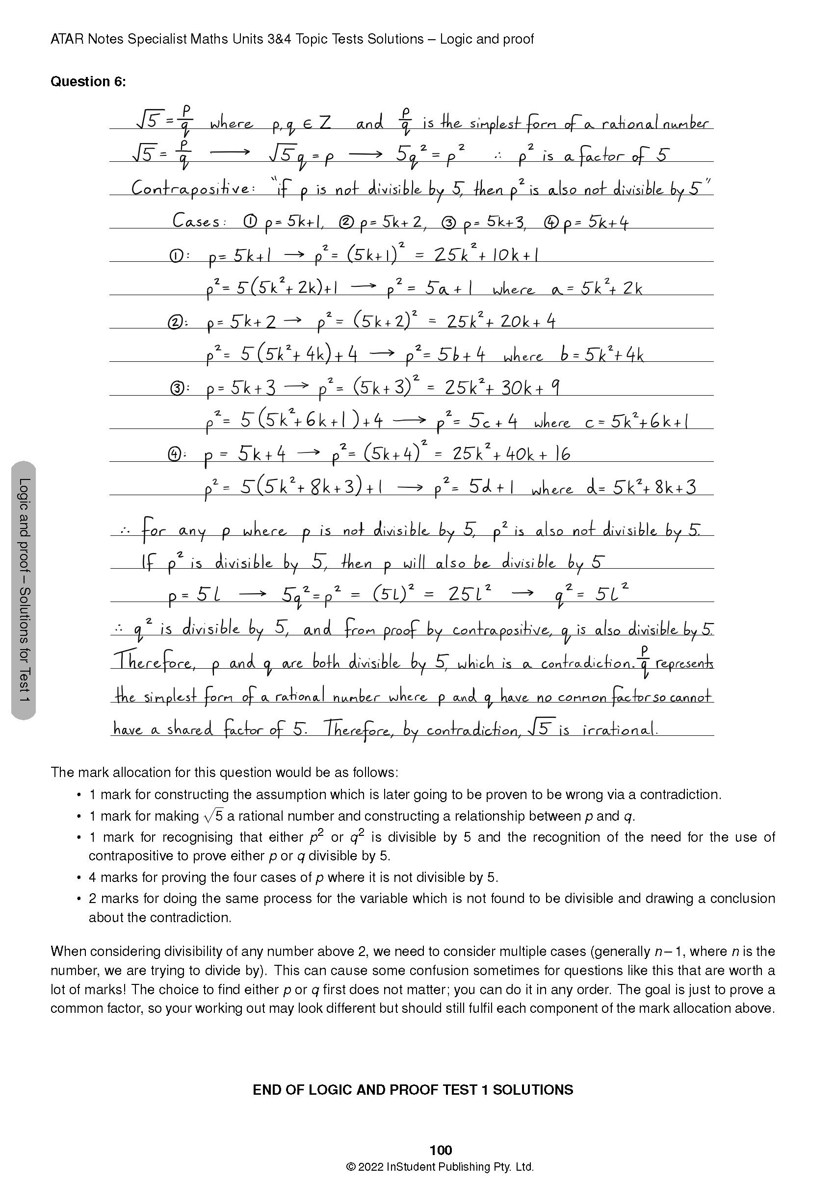 Topic Tests solutions page by ATAR Notes with handwritten mathematical proof for Question 6.
