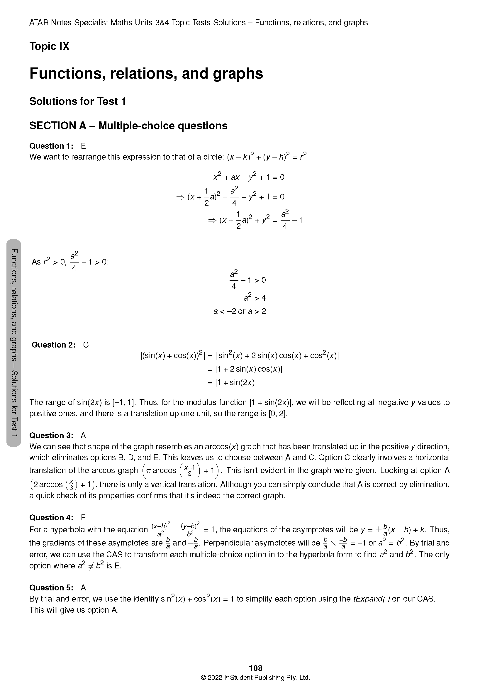 Specialist Maths Topic Test Solutions page by ATAR Notes, displaying mathematical equations and written explanations.