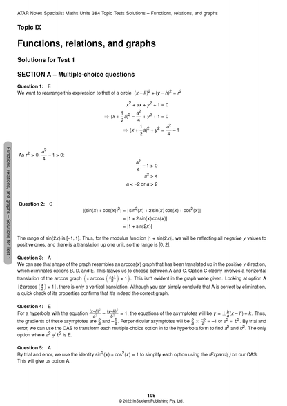 Specialist Maths Topic Test Solutions page by ATAR Notes, displaying mathematical equations and written explanations.