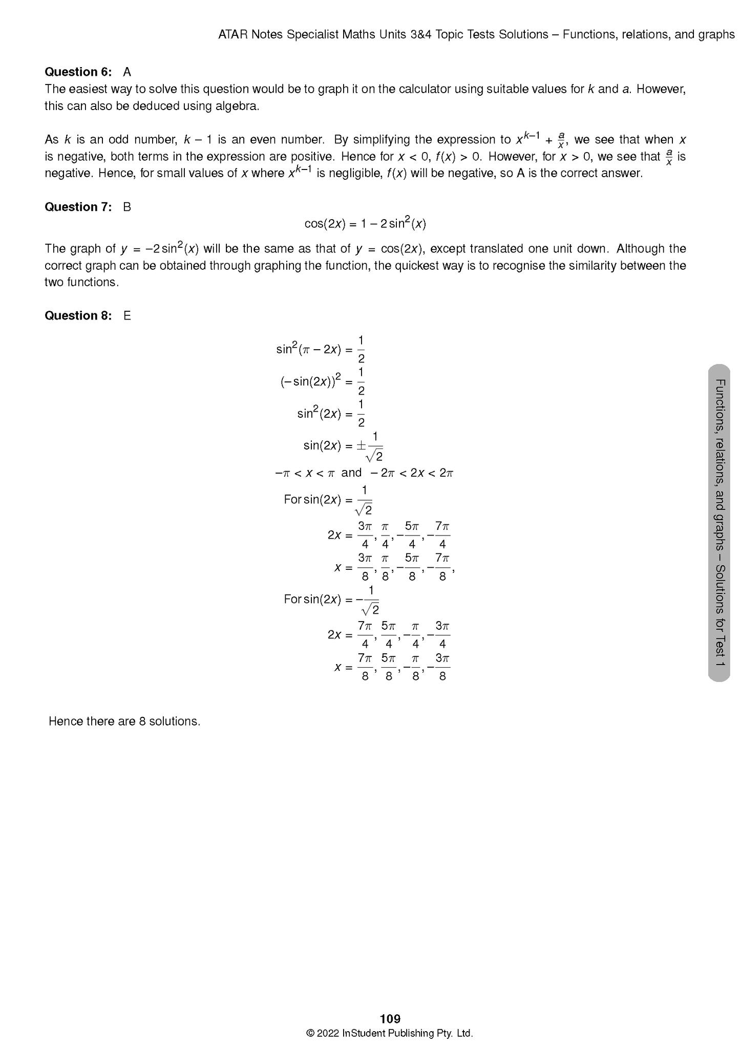 VCE Specialist Maths solutions page by ATAR Notes, featuring mathematical equations and text.