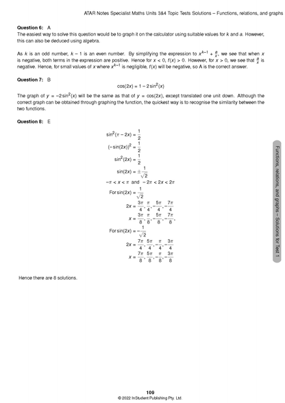 VCE Specialist Maths solutions page by ATAR Notes, featuring mathematical equations and text.