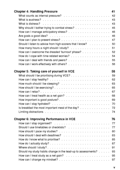 VCE survival guide by ATAR Notes, displaying a table of contents with chapter headings and page numbers in black text.