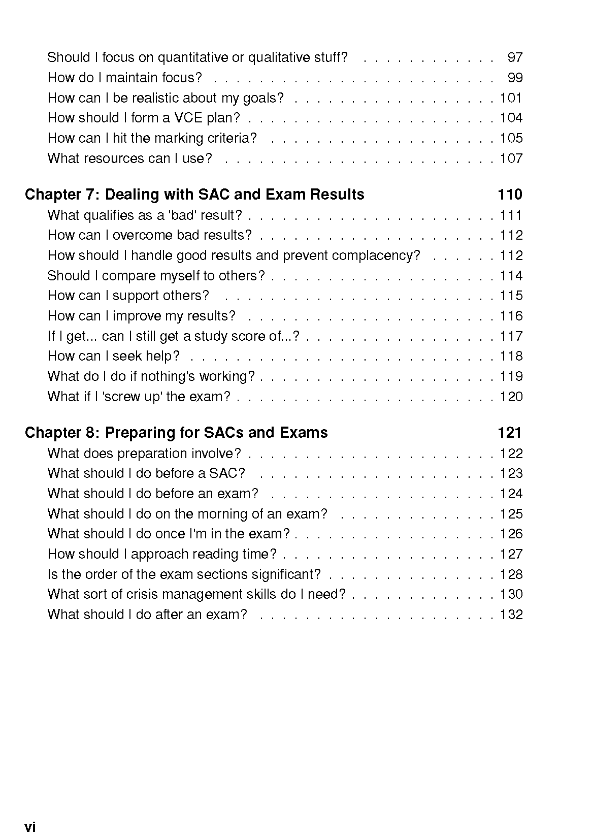 VCE Survival Guide by ATAR Notes, with its table of contents listing chapters and page numbers.