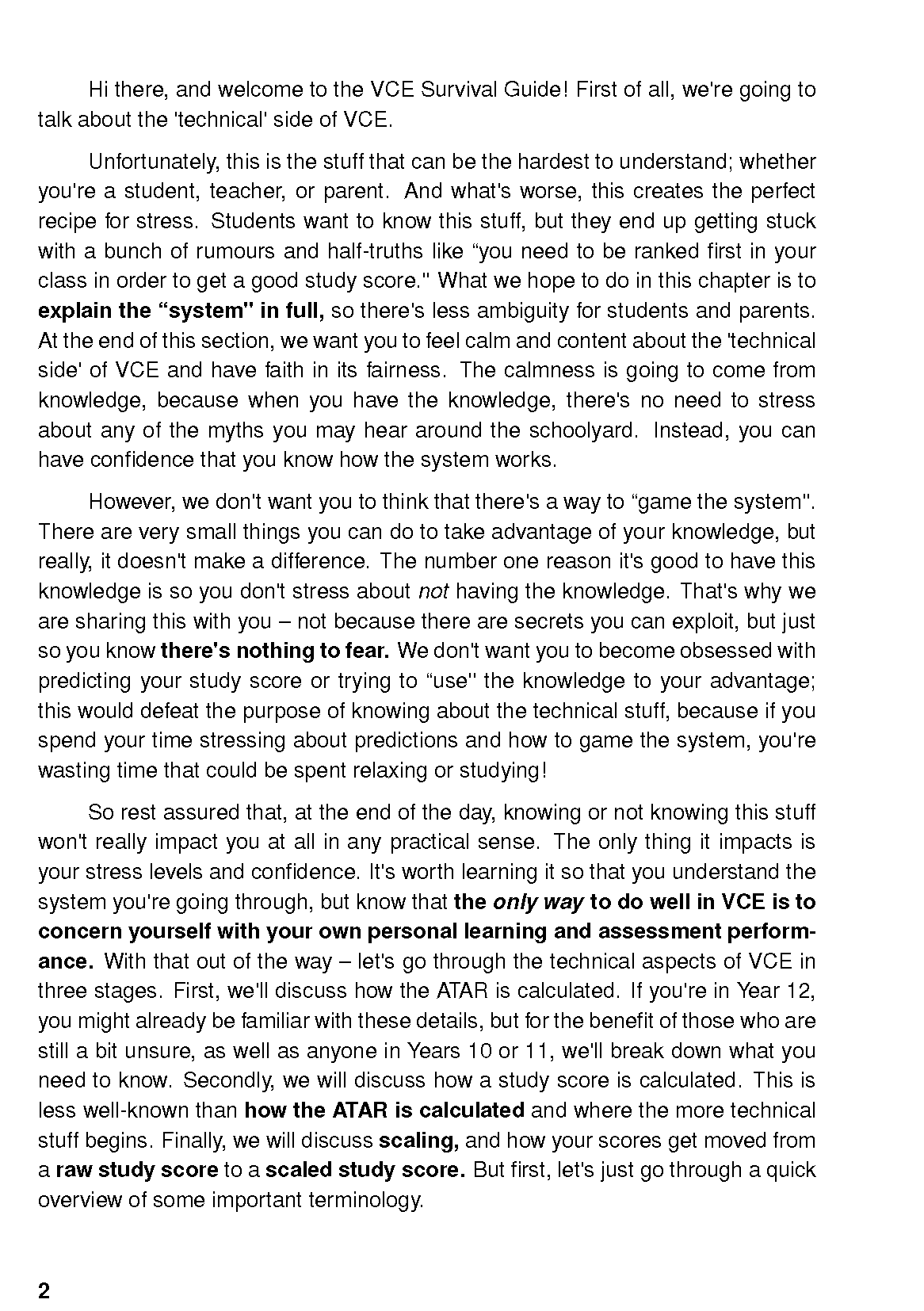 Cropped page of VCE Survival Guide with black text on white paper by ATAR Notes, displaying multiple paragraphs of educational content and page number 2.