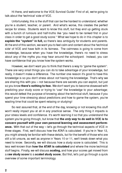 Cropped page of VCE Survival Guide with black text on white paper by ATAR Notes, displaying multiple paragraphs of educational content and page number 2.