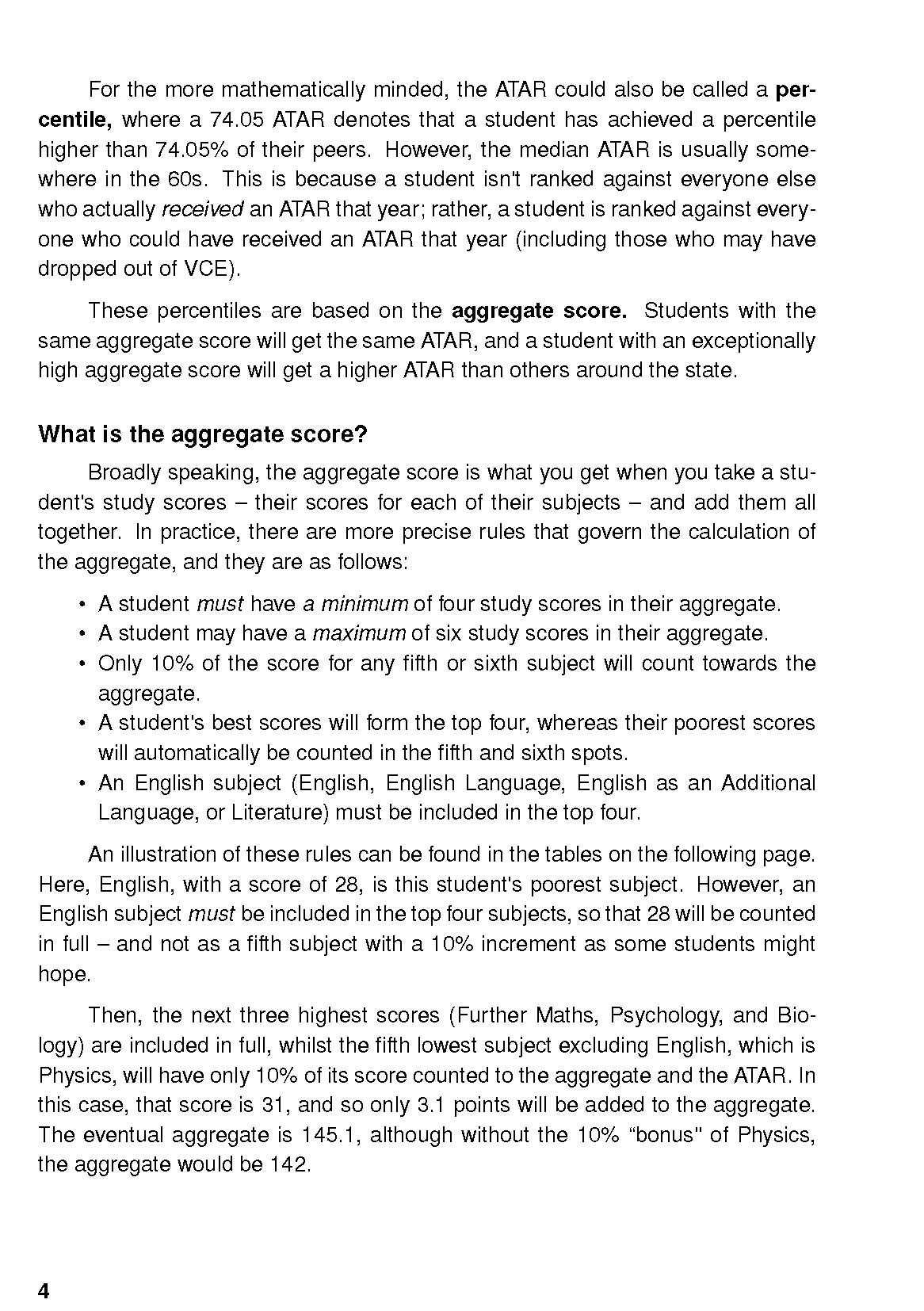 White study guide page by ATAR Notes, displaying black text on ATAR score calculation rules with page number 4.