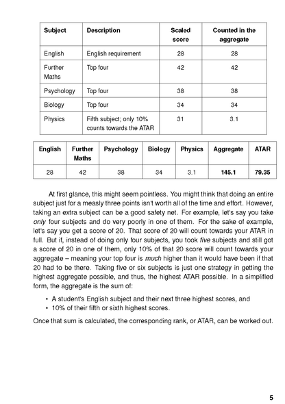 Page from a VCE Survival Guide by ATAR Notes, displaying subject scores and explanatory text on ATAR aggregate calculation.