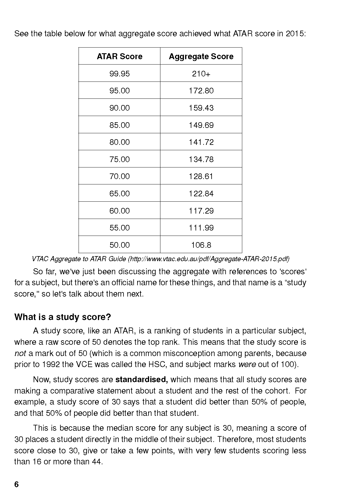 Study planner page by ATAR Notes displaying a table of ATAR and aggregate scores and text explaining study scores.