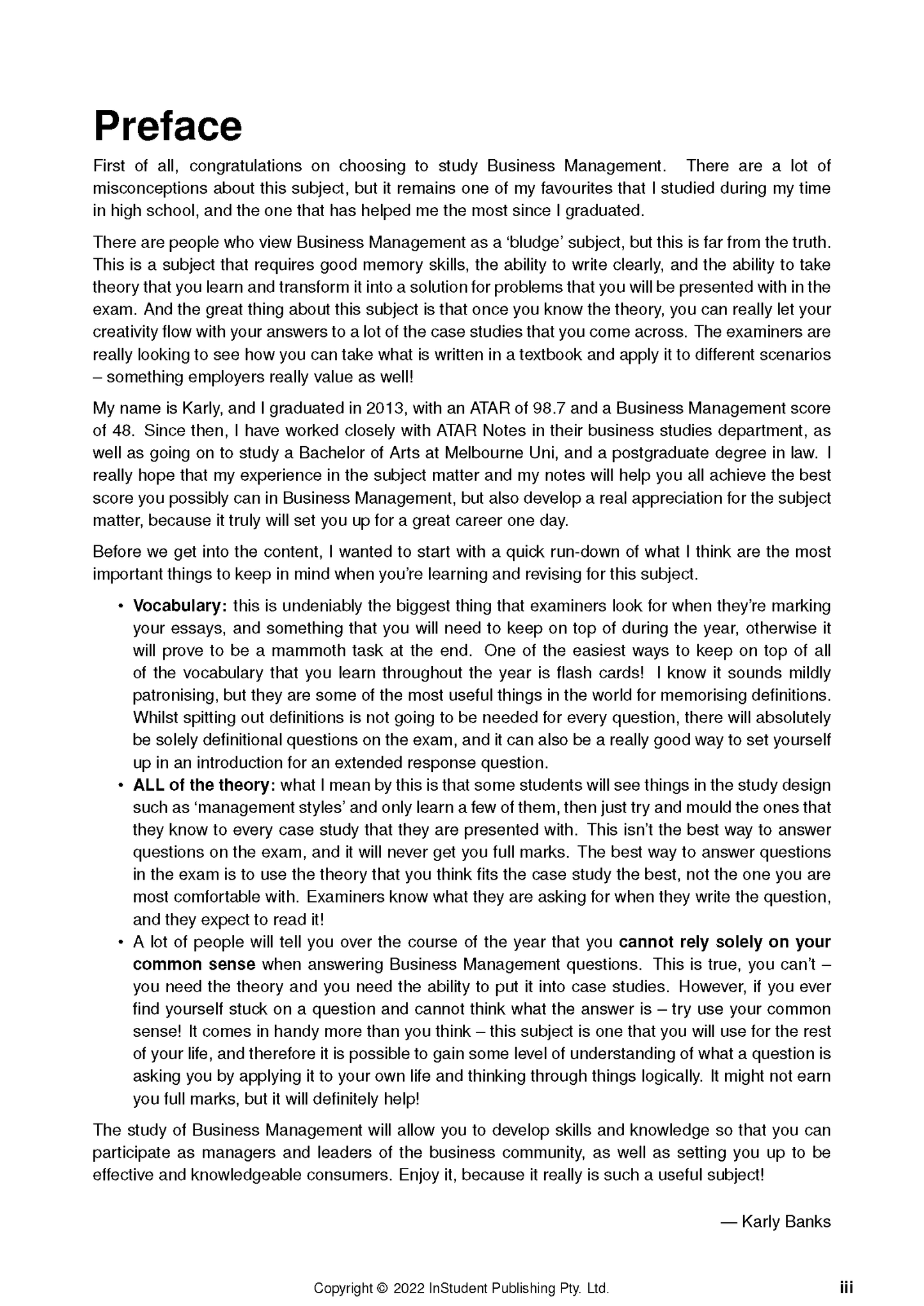 VCE Business Management Course Notes with detailed black text by ATAR Notes, displaying a 'Preface' section and bulleted content.