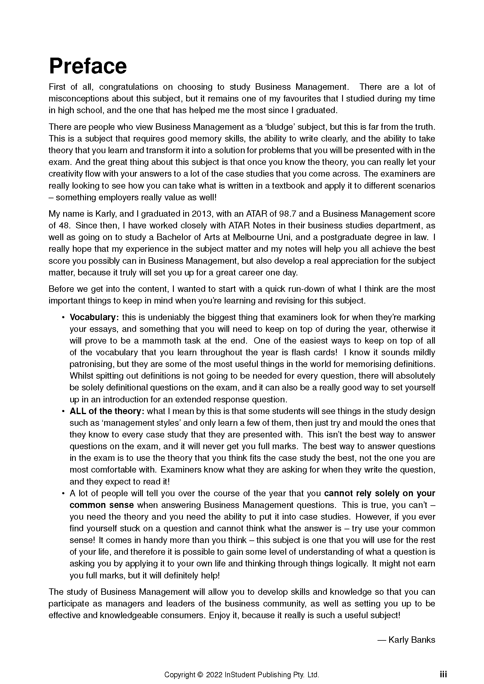 VCE Business Management Course Notes with detailed black text by ATAR Notes, displaying a 'Preface' section and bulleted content.