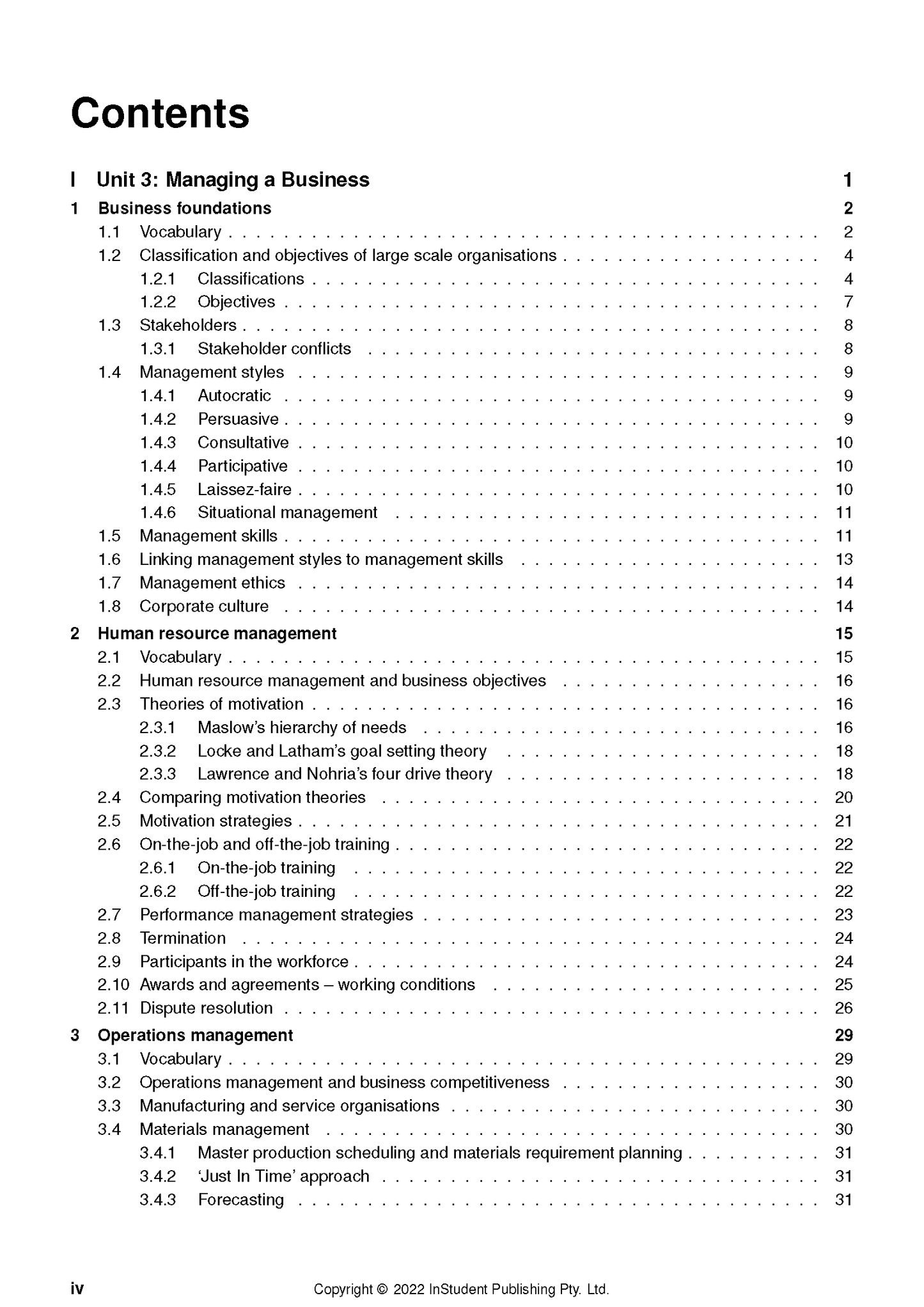 Business Management Course Notes by ATAR Notes, showing a detailed table of contents page with chapter titles and page numbers.