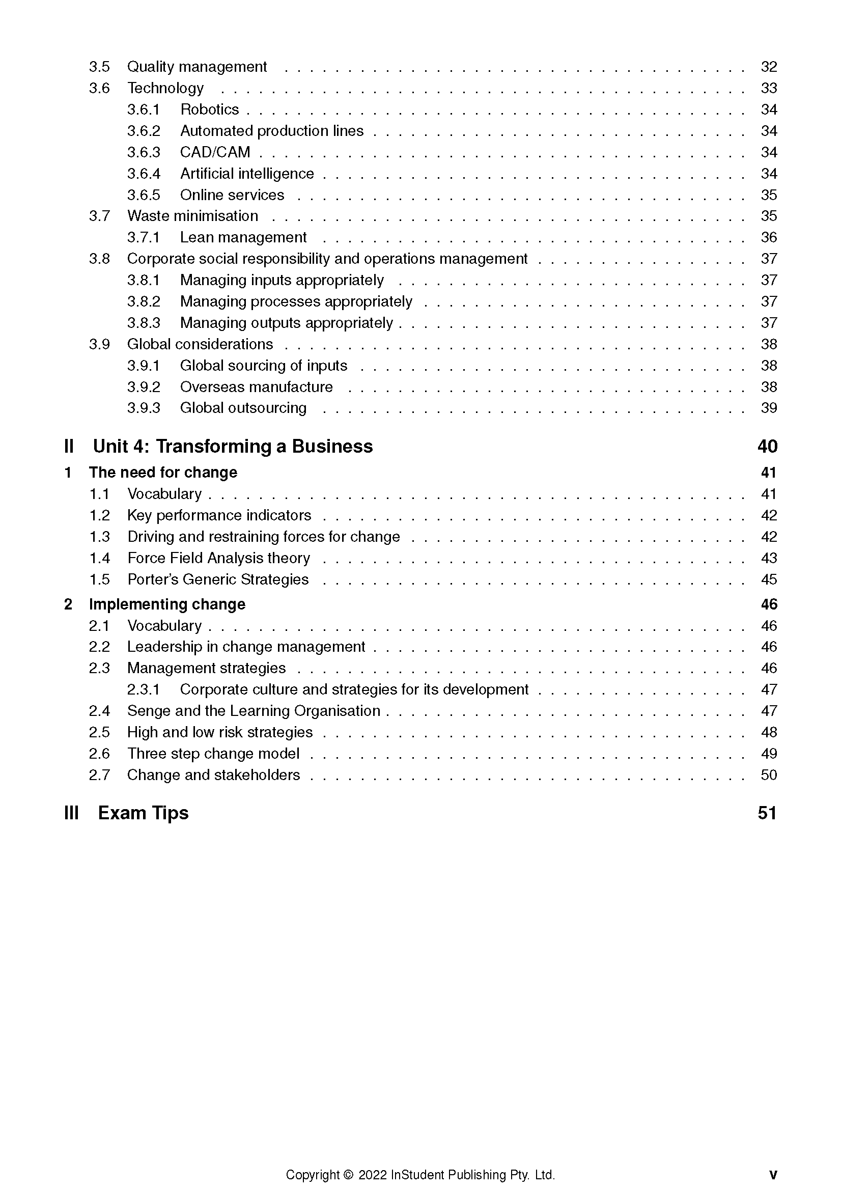 Course notes page by ATAR Notes showing a table of contents with sections on business management and exam tips.