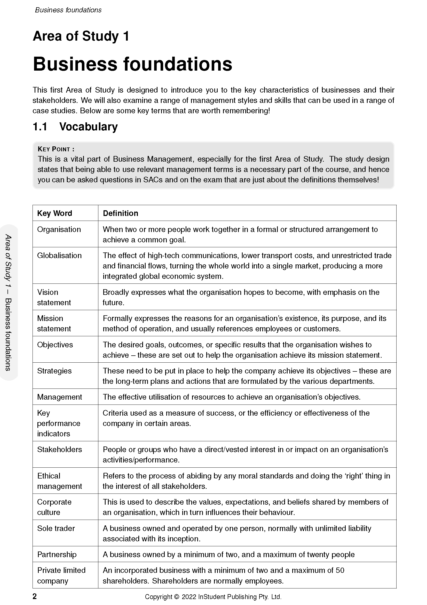 White printed Course Notes by ATAR Notes, displaying the first page with a 'Business foundations' title and vocabulary table.