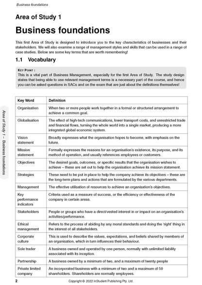 White printed Course Notes by ATAR Notes, displaying the first page with a 'Business foundations' title and vocabulary table.