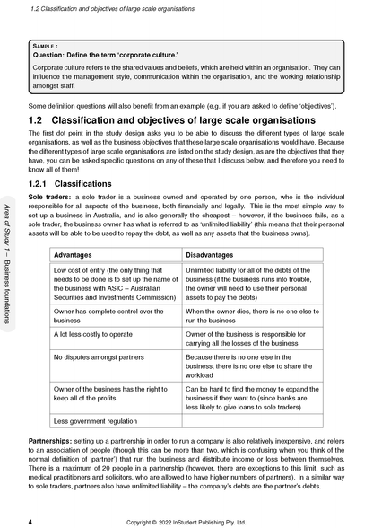 Course notes by ATAR Notes, an open white page with black text, bold headings, and a table on business classifications and objectives.