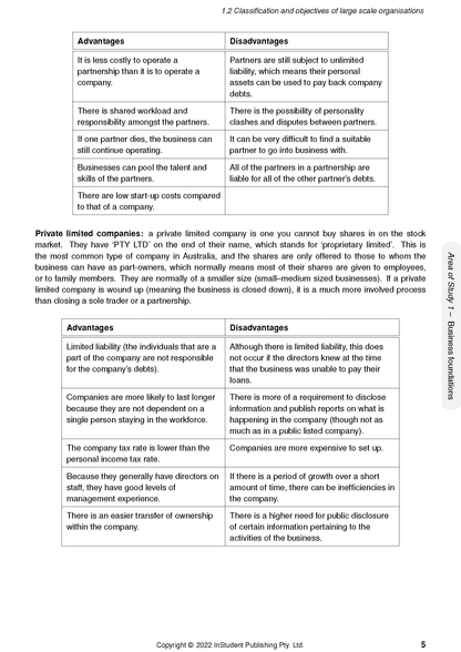 Course notes by ATAR Notes, displaying tables with advantages and disadvantages of partnerships and private limited companies.