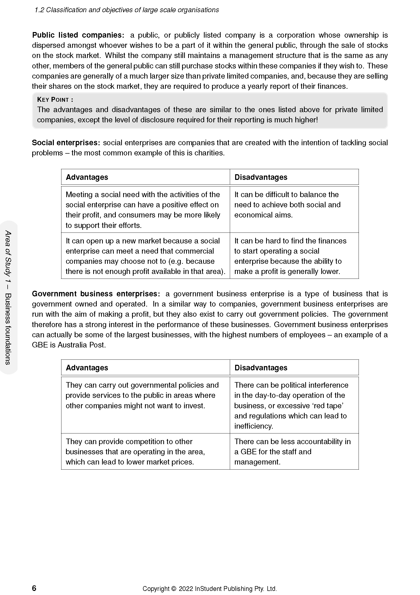 Course notes by ATAR Notes, a page from VCE Business Management 3&4 detailing company types and their advantages and disadvantages.