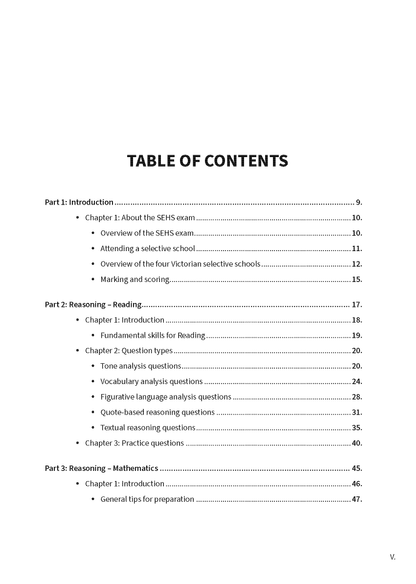 Study guide with a table of contents by ATAR Notes, listing sections on introduction, reasoning, and mathematics.