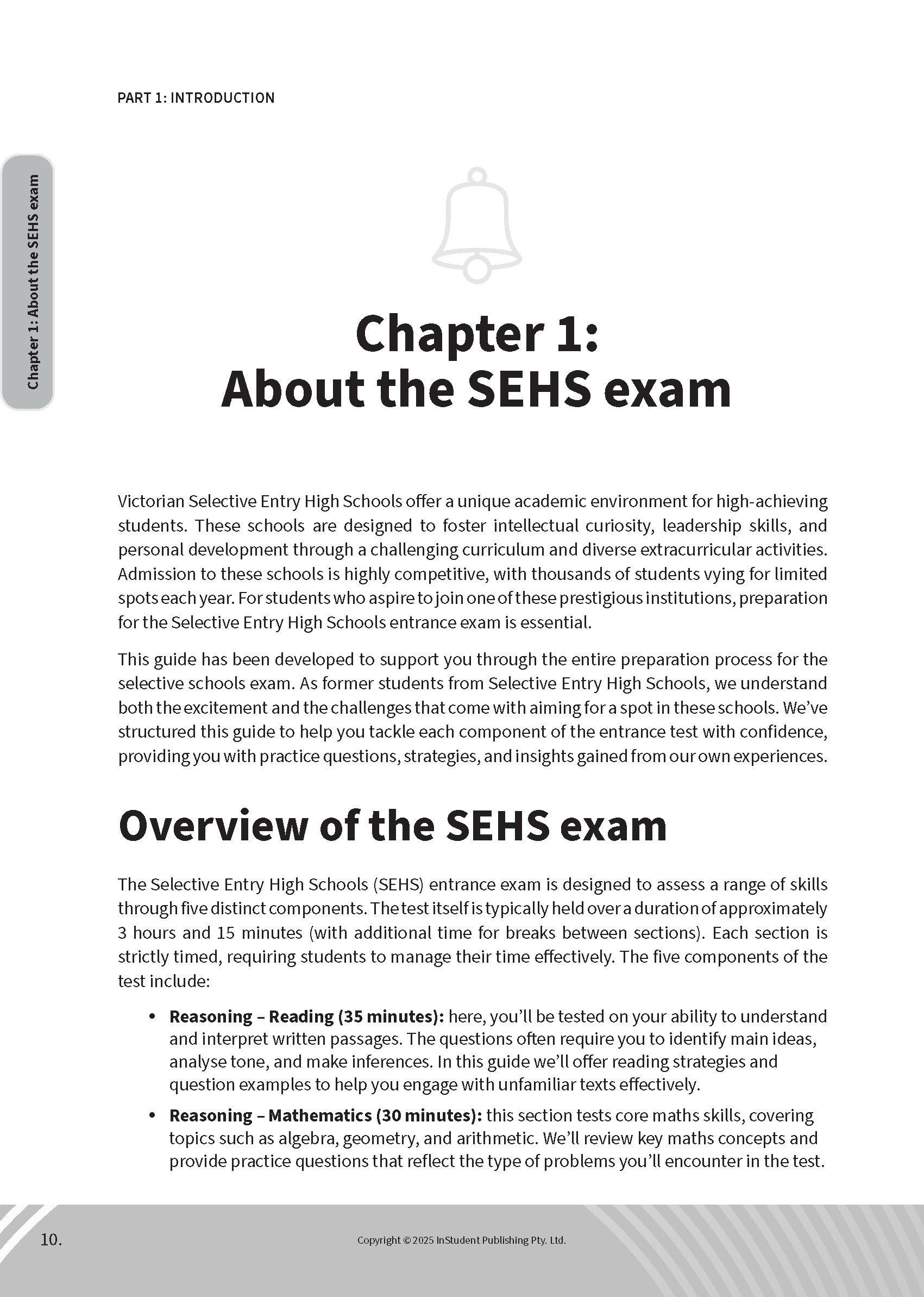 Guidebook for selective schools exam by ATAR Notes, open to page 10 showing test overview and components with a bell icon.