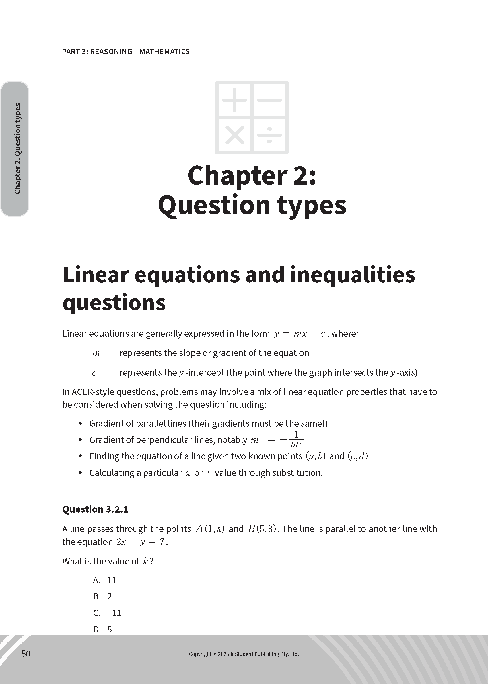 White mathematics course guide page by ATAR Notes, showing linear equations and a multiple-choice math question.