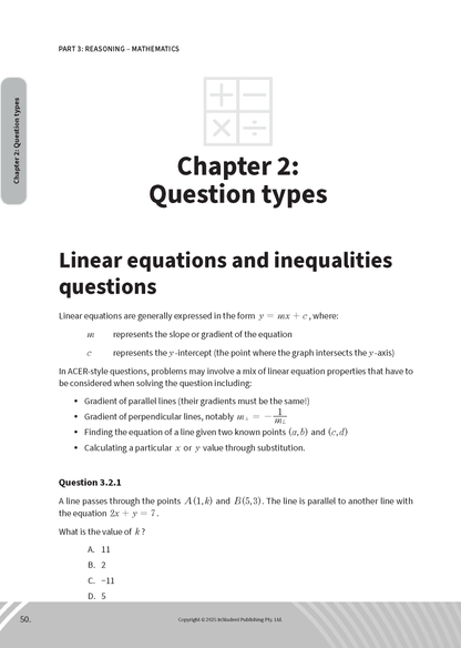 White mathematics course guide page by ATAR Notes, showing linear equations and a multiple-choice math question.