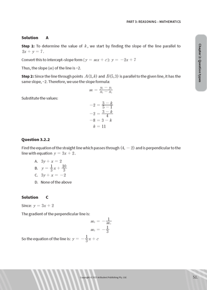 Mathematics course notes by ATAR Notes, displaying detailed problems and solutions for line equations and slopes.