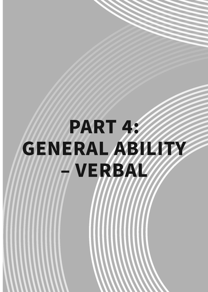 Grey Course Notes Guide by ATAR Notes with white and light grey curved line pattern and black text 'PART 4: GENERAL ABILITY - VERBAL'.