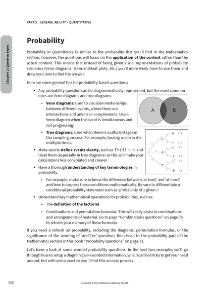 Course notes page by ATAR Notes on Probability, featuring a Venn diagram, tree diagram, and explanatory text.