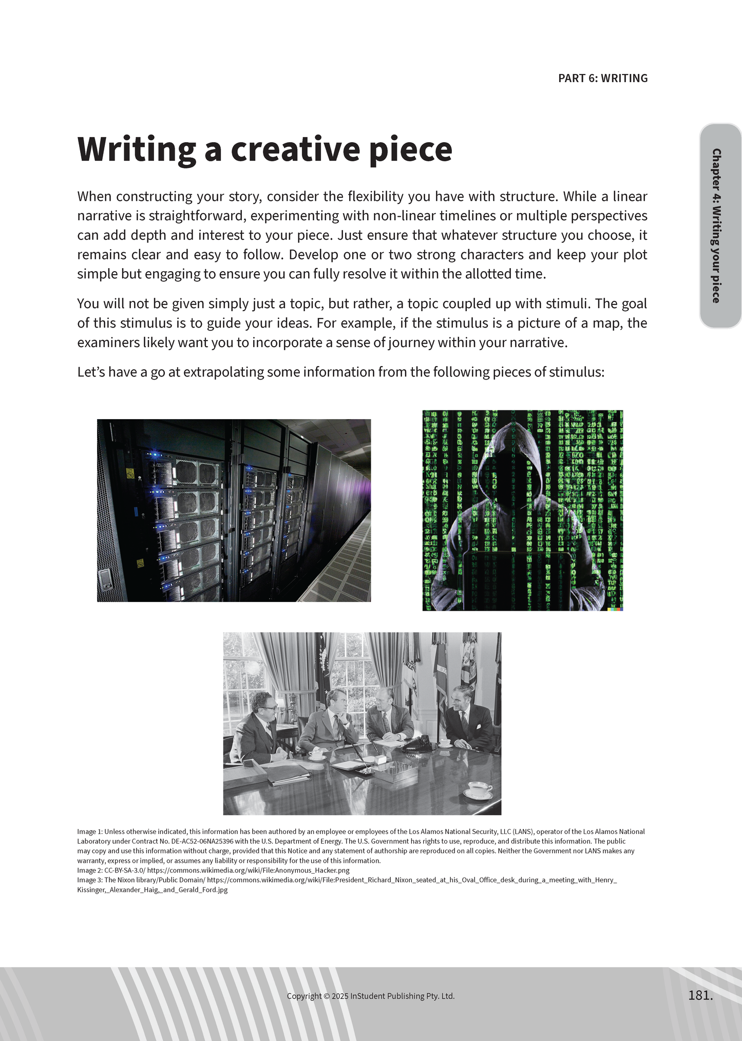 Open creative writing guide page by ATAR Notes, showing text and three stimulus images: server room, hacker, and political meeting.