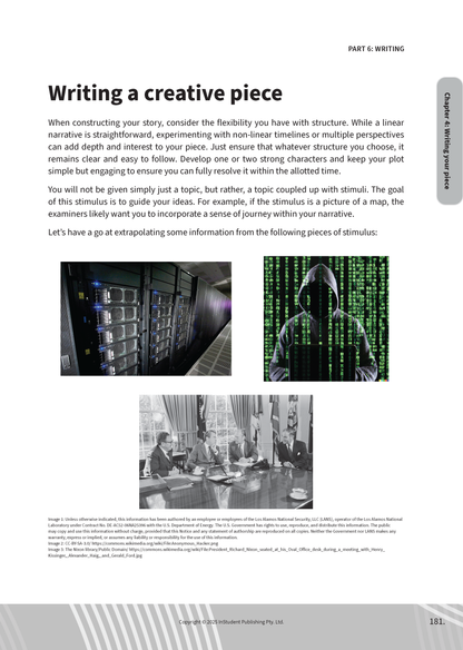 Open creative writing guide page by ATAR Notes, showing text and three stimulus images: server room, hacker, and political meeting.
