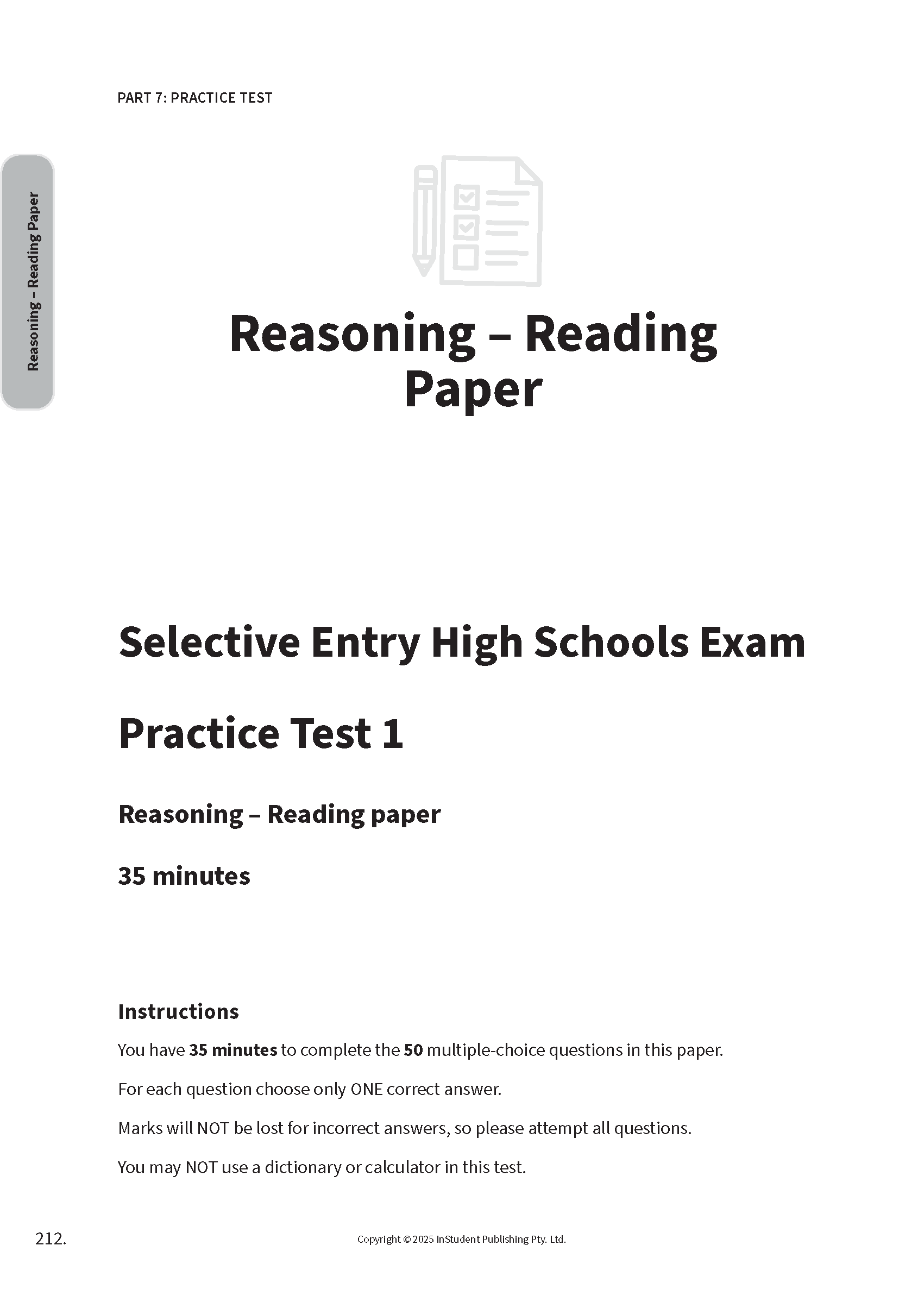 Selective Schools Exam guide page by ATAR Notes displaying test title, instructions, and a pencil and checklist icon.