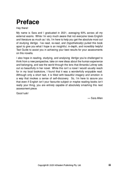 Text Guide for Vertigo by Amanda Lohrey, a white page with black text titled 'Preface' and signed by Sara Allen.