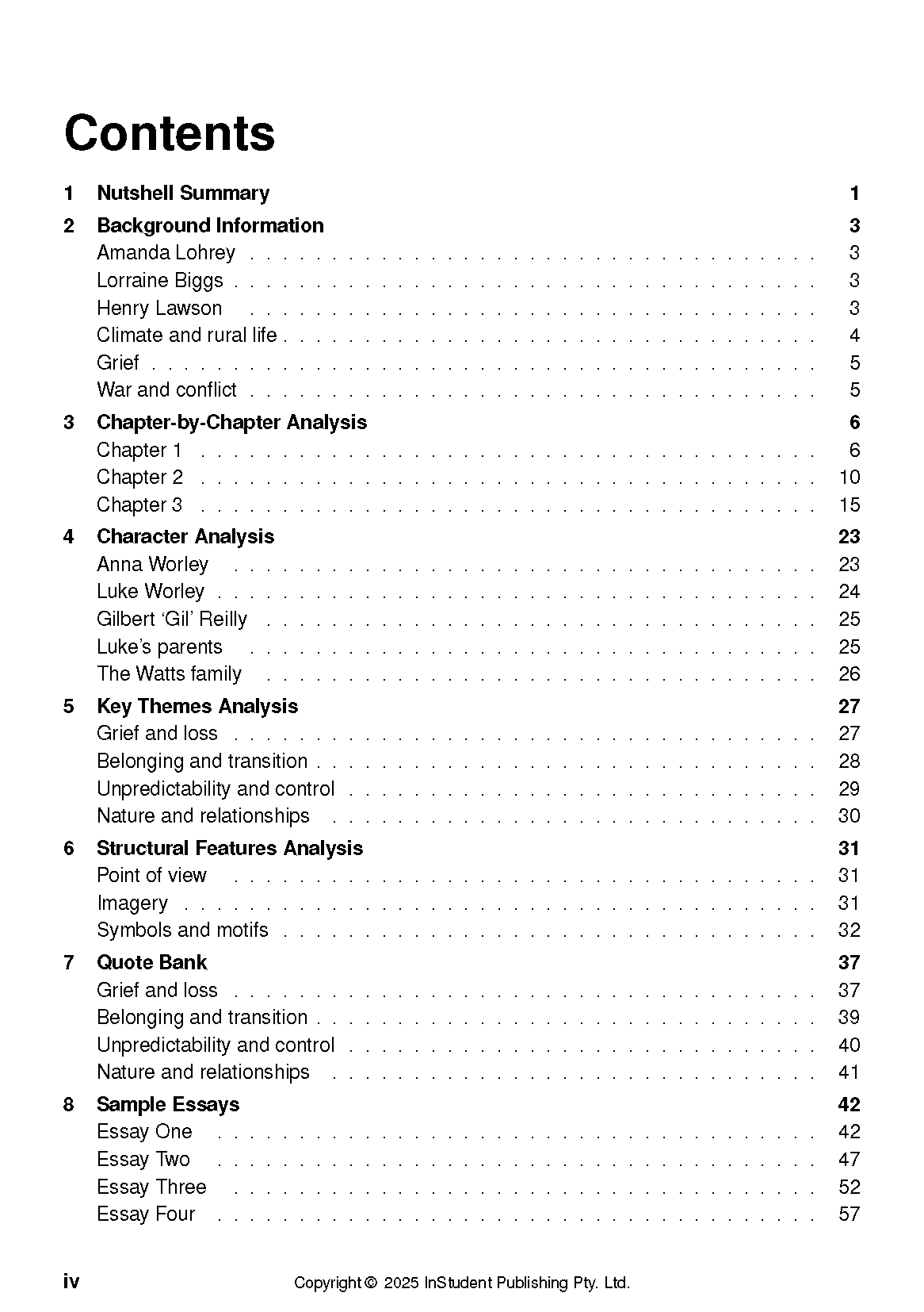 Text Guide for Vertigo by Amanda Lohrey from InStudent Publishing Pty. Ltd., featuring a detailed black and white table of contents page.