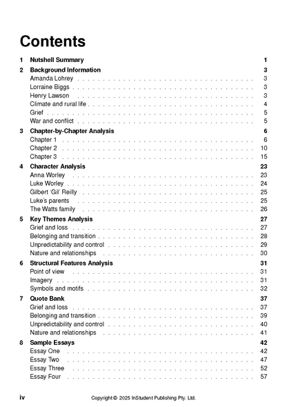 Text Guide for Vertigo by Amanda Lohrey from InStudent Publishing Pty. Ltd., featuring a detailed black and white table of contents page.