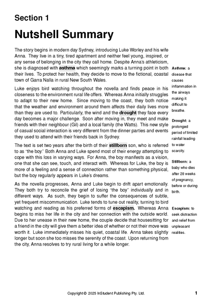 Text Guide document for Vertigo by Amanda Lohrey, showing a Nutshell Summary and definitions on a white page.