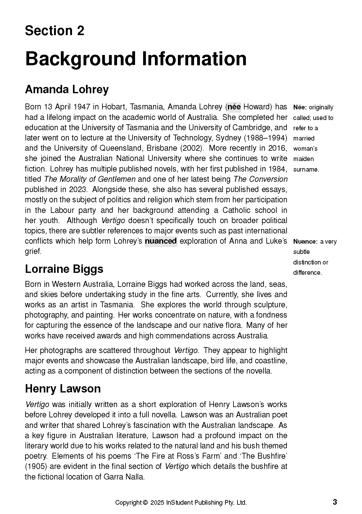 Text Guide document displaying biographical information about authors, highlighted words, and definitions.