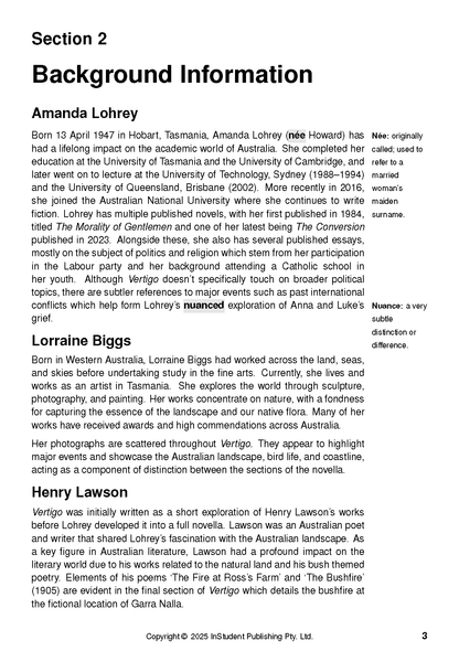 Text Guide document displaying biographical information about authors, highlighted words, and definitions.