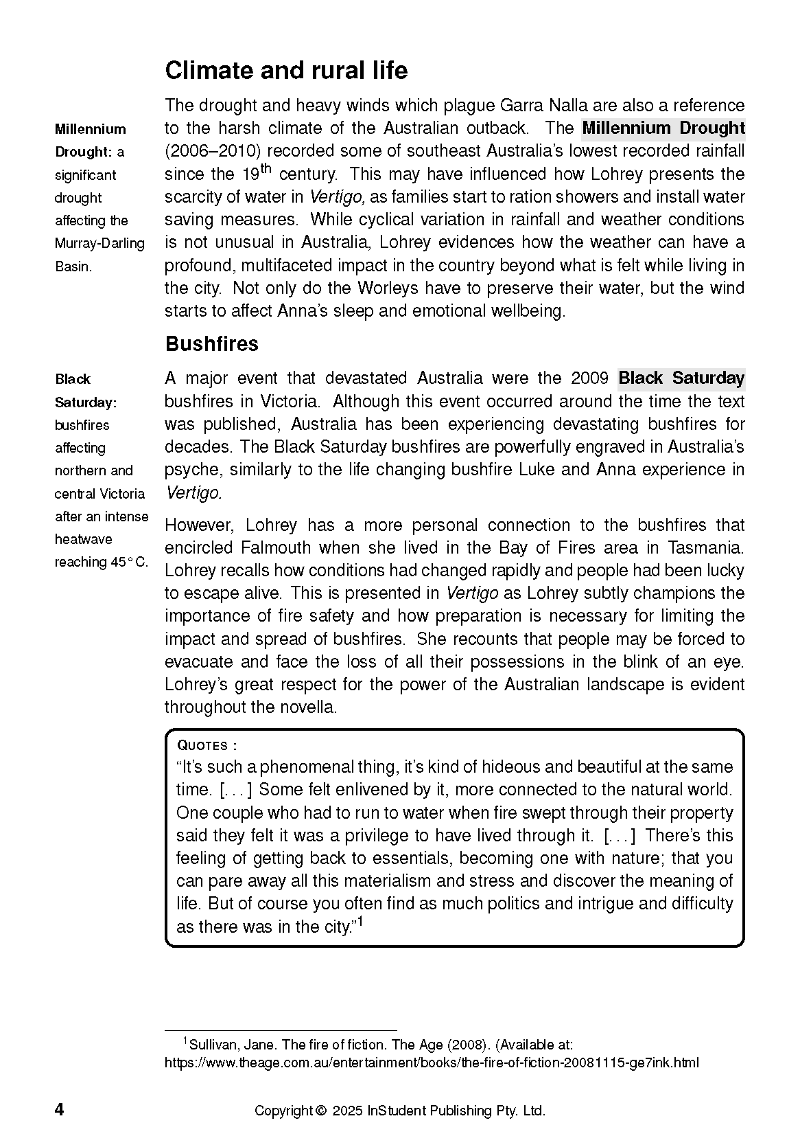 Text Guide about Vertigo by Amanda Lohrey from InStudent Publishing Pty. Ltd., showing content on climate and bushfires.