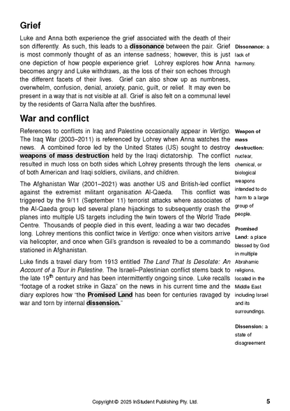 Text Guide by Amanda Lohrey, a page detailing 'Grief' and 'War and conflict' with definitions in the margin.