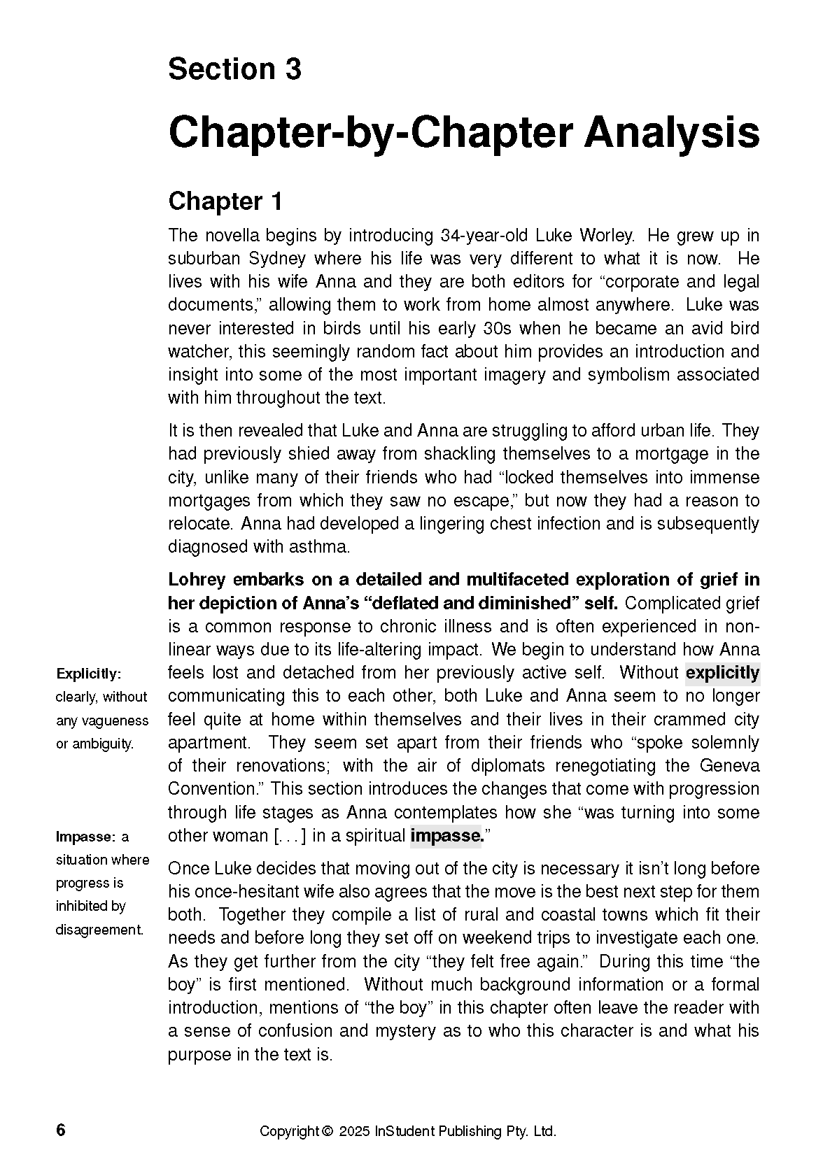 Chapter-by-chapter analysis text guide from InStudent Publishing Pty. Ltd. with black text, headings, and side notes on a white page.