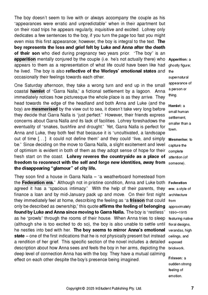 Open page from a text guide about 'Vertigo' by Amanda Lohrey, showing literary analysis, bolded terms, and sidebar definitions.