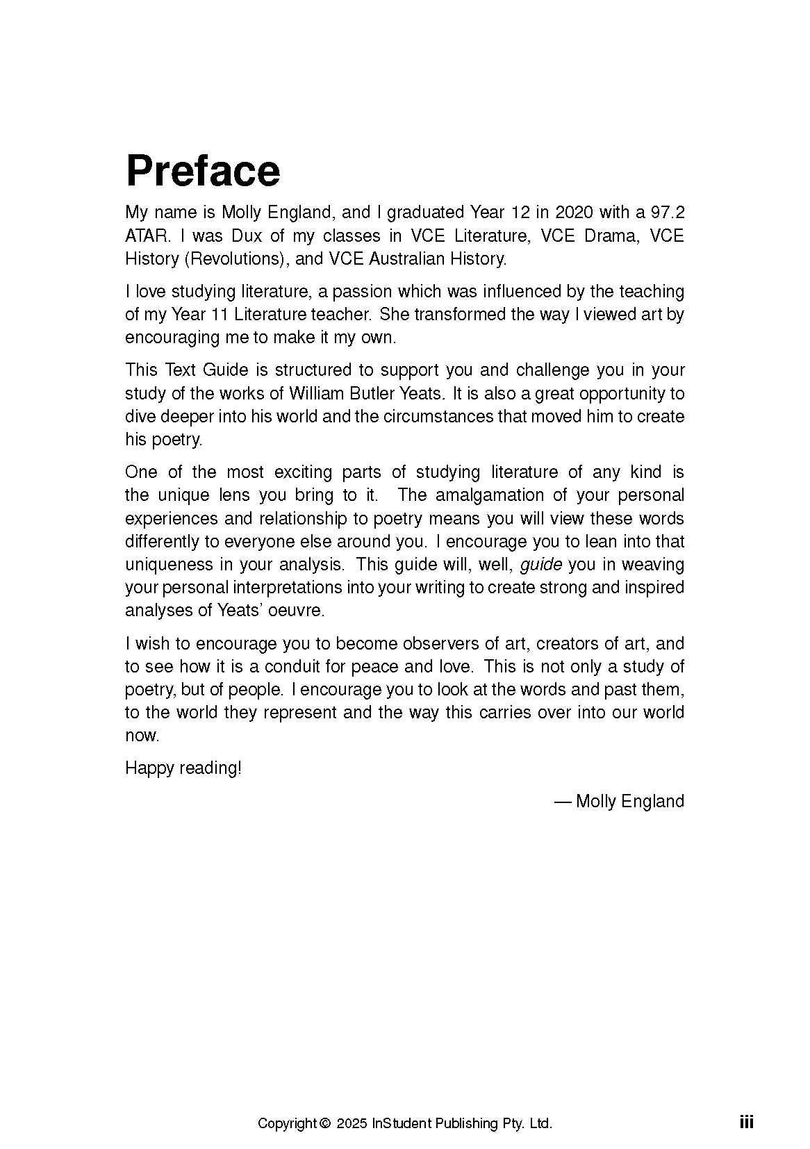 Text Guide page by ATAR Notes displaying the 'Preface' in black text, signed Molly England, with copyright information.