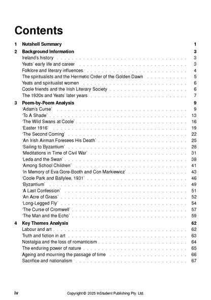 Text guide page with black text by ATAR Notes, showing a detailed table of contents for selected W.B. Yeats poems.