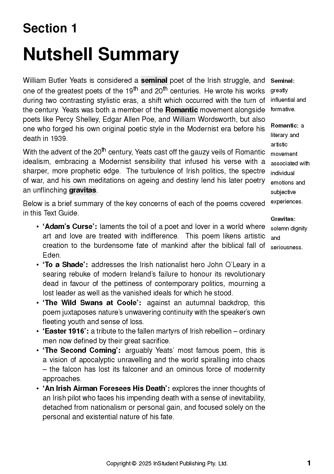 Text guide page by ATAR Notes detailing a nutshell summary and analyses of W.B. Yeats' selected poems.