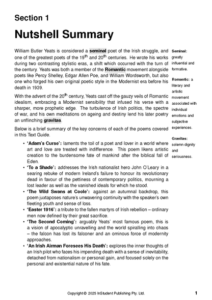 Text guide page by ATAR Notes detailing a nutshell summary and analyses of W.B. Yeats' selected poems.