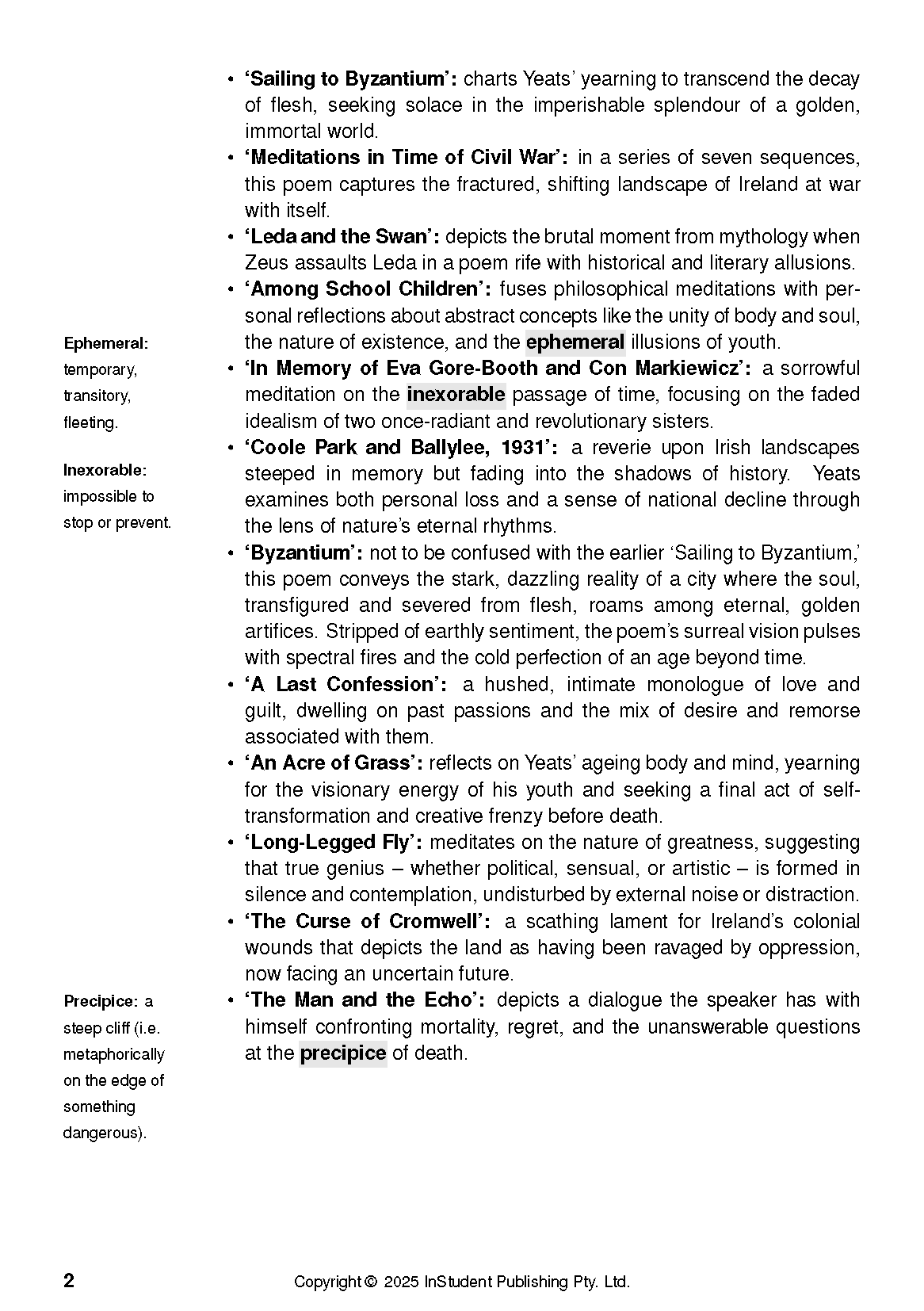 Educational text guide page by ATAR Notes, displaying analysis of W.B. Yeats' poems and vocabulary definitions.