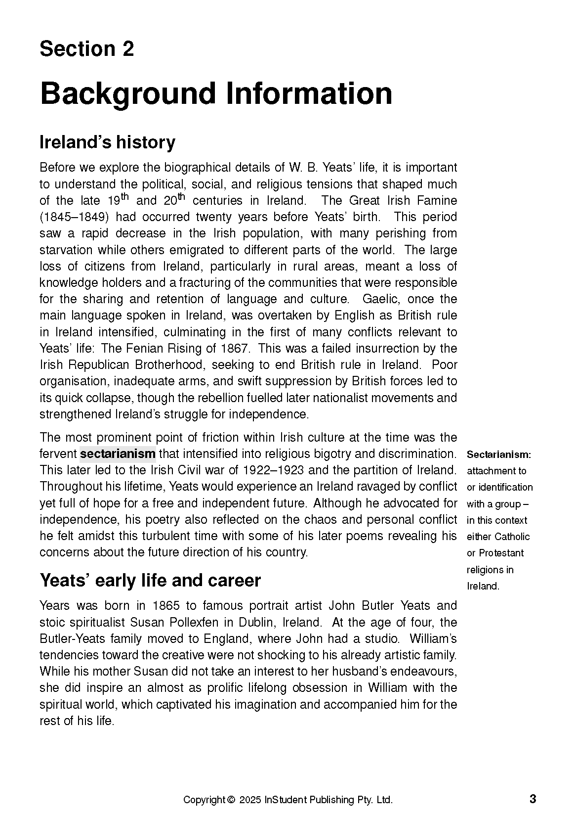 Text Guide for Selected Poems by W.B. Yeats by ATAR Notes, displaying content on Ireland's history and Yeats' life.