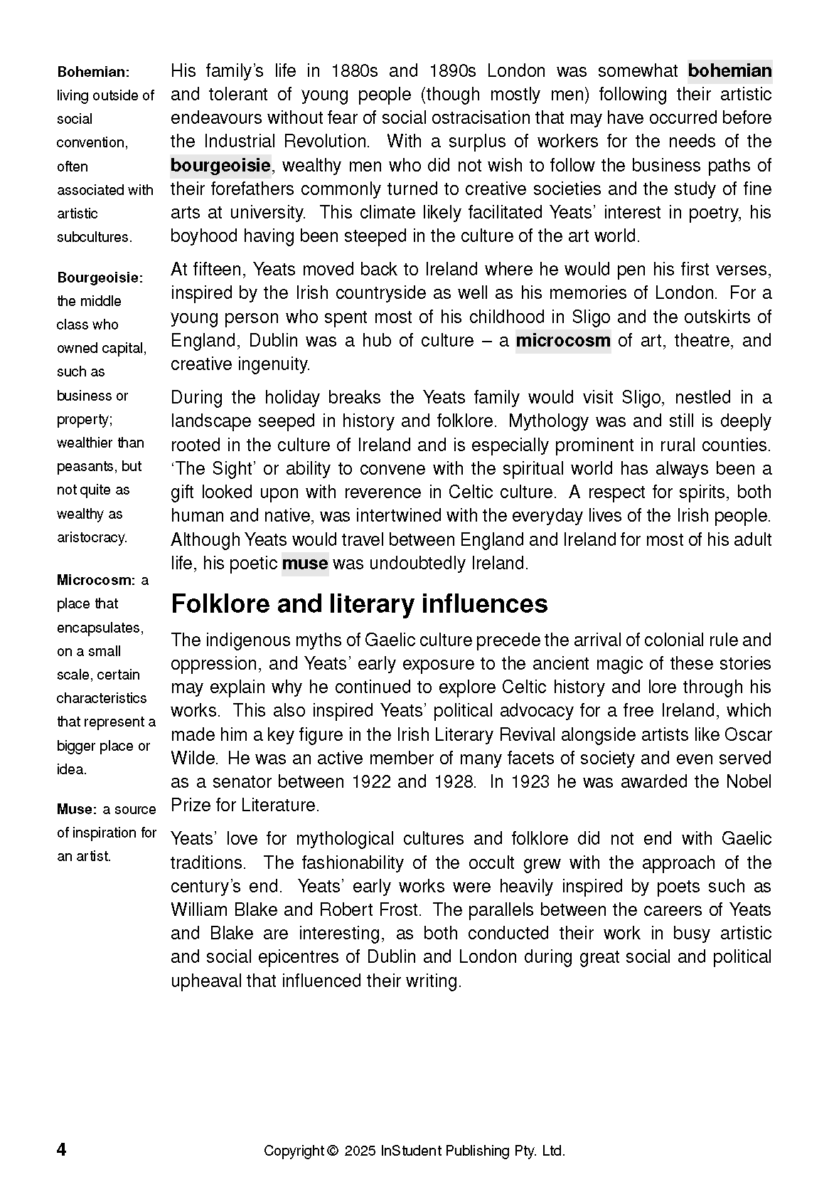 Text Guide by ATAR Notes showing an open page with definitions and literary analysis of W.B. Yeats's influences.